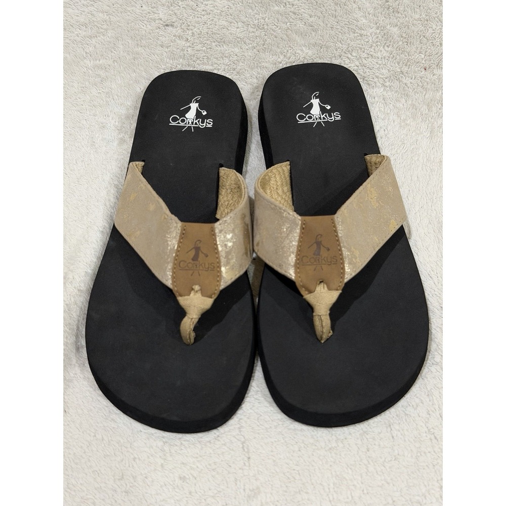 Corkys Clover Womens Size 9 Flip Flops Gold & Black Metallic Thong Summer Beach